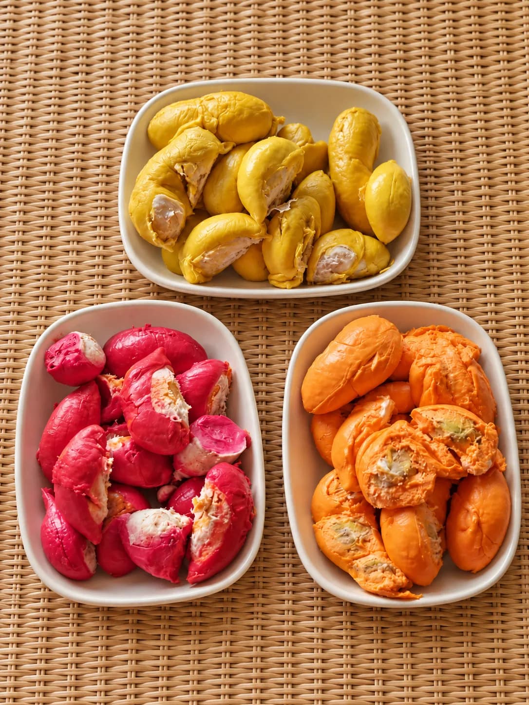 Three bowls of opened Puteri Dalit durian on a rattan mat: red flesh, orange flesh and yellow flesh